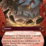 Fantasy card titled 'Desolation of Smaug' featuring a lava-filled ruin and a dragon curling around the frame; subtitle 'Sorcery' with card text about dealing damage to non-Dragon creatures and mana gain.