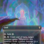 Dragon-Cursed Halls land card with neon dragon-hall artwork; Tap for colorless mana; 1, Tap: target creature gains 'Whenever this creature deals combat damage to a player, create a Treasure token.'