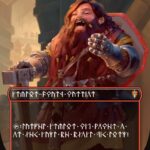Bearded dwarf warrior laughing, wielding a hammer and shield in a fantasy card layout with a red title bar and runic text.