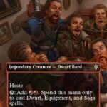 Fili and Kili, Joyous — Legendary Creature: Dwarf Bard, mana cost 2 and red; 3/3 with Haste. The card text lets you add red mana, spendable only to cast Dwarf, Equipment, and Saga spells; artwork shows three joyful dwarves around a tavern table.