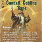 Card image for 'Gandalf, Goblins’ Bane' from High Fantasy Classic. Legendary Avatar Wizard Gandalf stands with a staff amid golden fire; left column describes Flameshape, Sorcery—Adventure (look at the top two cards of your library and exile them face down, you may play them while you control a Wizard). Right column states: whenever you cast a noncreature spell, Gandalf gets +1/+1 until end of turn and deals 1 damage to each opponent.