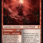 Gandalf, Goblins' Bane: a red-bordered Legendary Creature — Avatar Wizard card showing a wizard in a fiery cavern towering over scared goblins; 2/3.