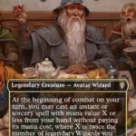 Gandalf, Party Guest — Legendary Avatar Wizard card showing a bearded wizard at a tavern raising a cup, with tavern scene in the background.
