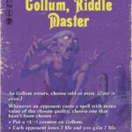 Purple fantasy card featuring Gollum, Riddle Master: Tolkien, with a yellow title and illustrated Gollum in the center; lower text shows game rules about choosing odd or even and life loss.