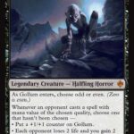 Gollum, Riddle Master—Magic: The Gathering card art showing a crouched halfling on jagged rocks at night; legendary creature — Halfling Horror, 3/1.