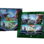 The Hobbit-themed Magic: The Gathering product box with a display of trading cards inside a green inner sleeve.