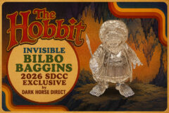 Retro poster for The Hobbit: Invisible Bilbo Baggins — 2026 SDCC exclusive by Dark Horse Direct, featuring a clear crystal Bilbo with a dagger against a cavern backdrop