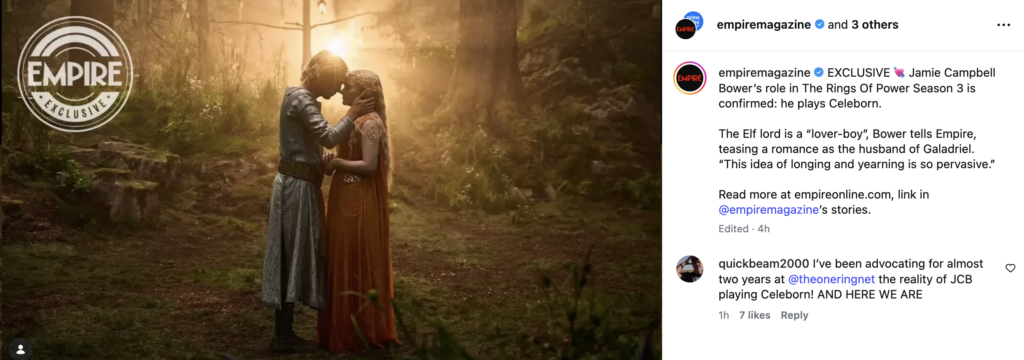 Two people in medieval costumes kiss in a sunlit forest, with an Empire watermark on the left.