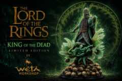 Promotional poster for The Lord of the Rings: King of the Dead Limited Edition by Weta Workshop, featuring the undead king atop skulls.