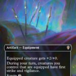 Long-Lost Lances, artifact — Equipment card. Equipped creature gets +2/+0; during your turn, equipped creatures gain first strike and vigilance. Equip 2.