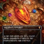 Fantasy game card with a treasure hoard: glowing red gemstone, coins, and gems, bordered by ornate panels and runic text at top and bottom.