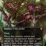 Orcish Bowmasters: two orc archers in a dense jungle, armed with bows and a spear, on a fantasy card