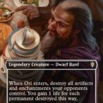 Ori, Plate Stacker — legendary Dwarf Bard. When it enters, destroy artifacts and enchantments opponents control; you gain life per destroyed permanent.