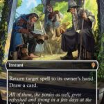 Reprieve instant card: Return target spell to its owner’s hand and draw a card; three wizards rest on a sunlit porch at the Last Homely House.