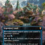 Illustration of Rivendell: a valley town with green-roofed wooden buildings, flowering trees, and a waterfall, a blue banner labeled 'Rivendell' at the top.