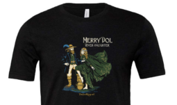 Black T-shirt with a fantasy illustration of a man and a woman in medieval attire, text reads 'Merry Dol River-daughter' and 'TheOneRing.net'