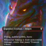 Magic: The Gathering card: Smaug the Impenetrable, Legendary Dragon with glowing eyes and fiery artwork, 8/7, Flying, Indestructible, Haste, text box shown
