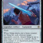 Man in a red vest wields a glowing blue sword as orcs swarm in a battlefield; Sting, Bilbo's Sword card