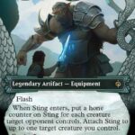 Card image titled 'Sting, Bilbo's Sword' showing a hero in armor confronting a large armored foe, wielding a glowing blue sword; banner reads 'Legendary Artifact — Equipment' with mechanic text below.