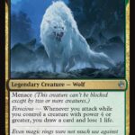 Huge white wolf snarls through a moonlit forest; legendary creature — Wolf with Menace and Ferocious abilities (3/3).