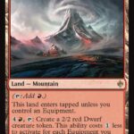 The Lonely Mountain: a towering mountain amid stormy skies on a red-bordered Magic: The Gathering land card used as a Mountain.
