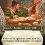 Card title 'The Queen of Dale': a noblewoman in green hands a money bag amid piles of gold in a treasure-filled hall; Legendary Human Noble, 2/1.