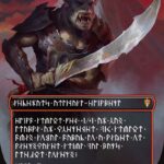 Orc warrior in armor with a jagged, glowing sword on a red-bordered fantasy trading card, surrounded by runic text panels.