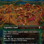 The Shire Legendary Land card showing a bustling Shire market at night with string lights and tents in the background.
