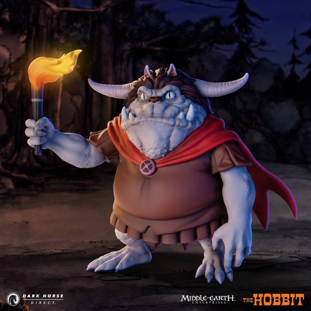 Close-up of a fantasy dragon character holding a lit torch in a dark forest, with The Hobbit and other logos at the bottom edge of the image.