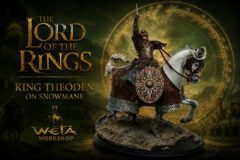 Promotional artwork for The Lord of the Rings: King Theoden on Snowmane, sword raised and ornate armor on a rocky pedestal.