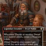 Legendary Creature — Dwarf Noble: Thorin, King of Durin's Folk; a bearded dwarf king in ornate armor at a table in a warm, tavern-like room with axes on the wall. 4/4.