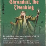 Trading card for Thranduil, the Elf Noble, depicting a regal elf king in green robes with a staff. Card text notes elf-graveyard abilities and a draw-two/discard-one clause.