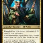 MTG card art: Thranduil, the Elvenking, a Legendary Creature — Elf Noble. An elf with a flower crown sits in a dark forest wearing green robes and armor, holding a wooden staff. P/T 5/6.