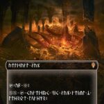 Fantasy treasure cavern; glowing fire, heaps of gold and chests, with runic banners at top and bottom.