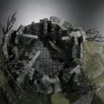 Scale diorama of a crumbling circular fortress with jagged stones and dark, withered trees on a mossy base.