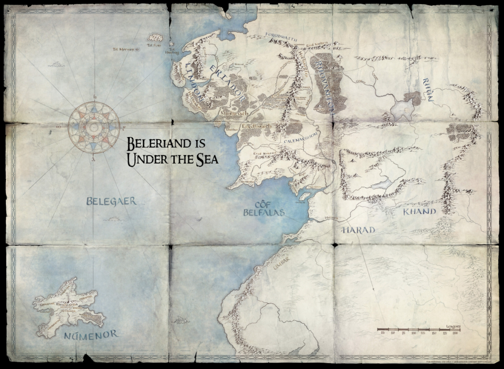 Fantasy map showing Belerian coastlines as underwater, with a compass rose and label 'Beleriand is under the sea'