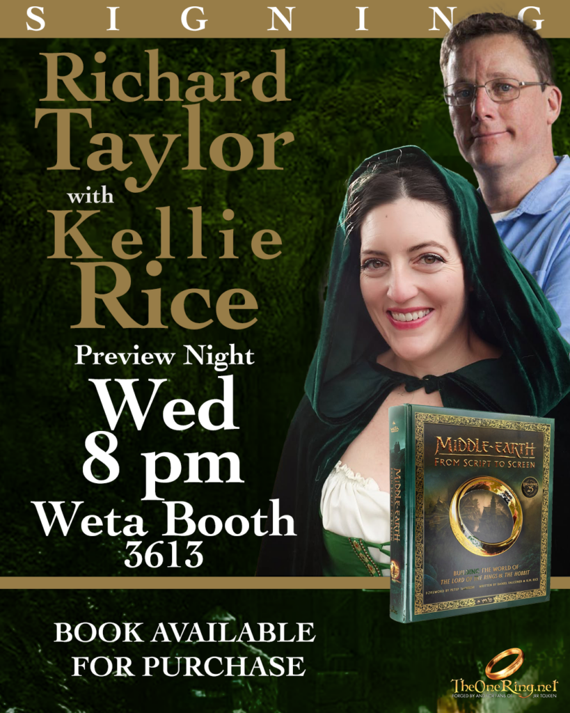 Poster advertising Richard Taylor with Kellie Rice; 'Preview Night Wed 8 pm' and 'Book available for purchase,' showing a smiling woman in a green hood and a man beside her with a fantasy book in the foreground.