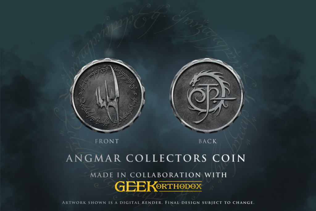 Front and back of an Angmar collectors coin with runic engravings, shown on a dark cloudy blue background, announcing a collaboration with GEEKORTHODOX.