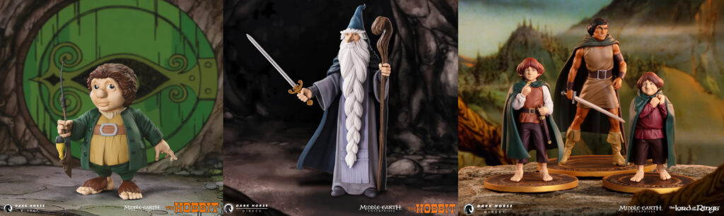 Triptych of Middle-earth figures: a hobbit with a knife before a green door, Gandalf with sword and staff, and a trio of travelers on circular bases in a rocky landscape.