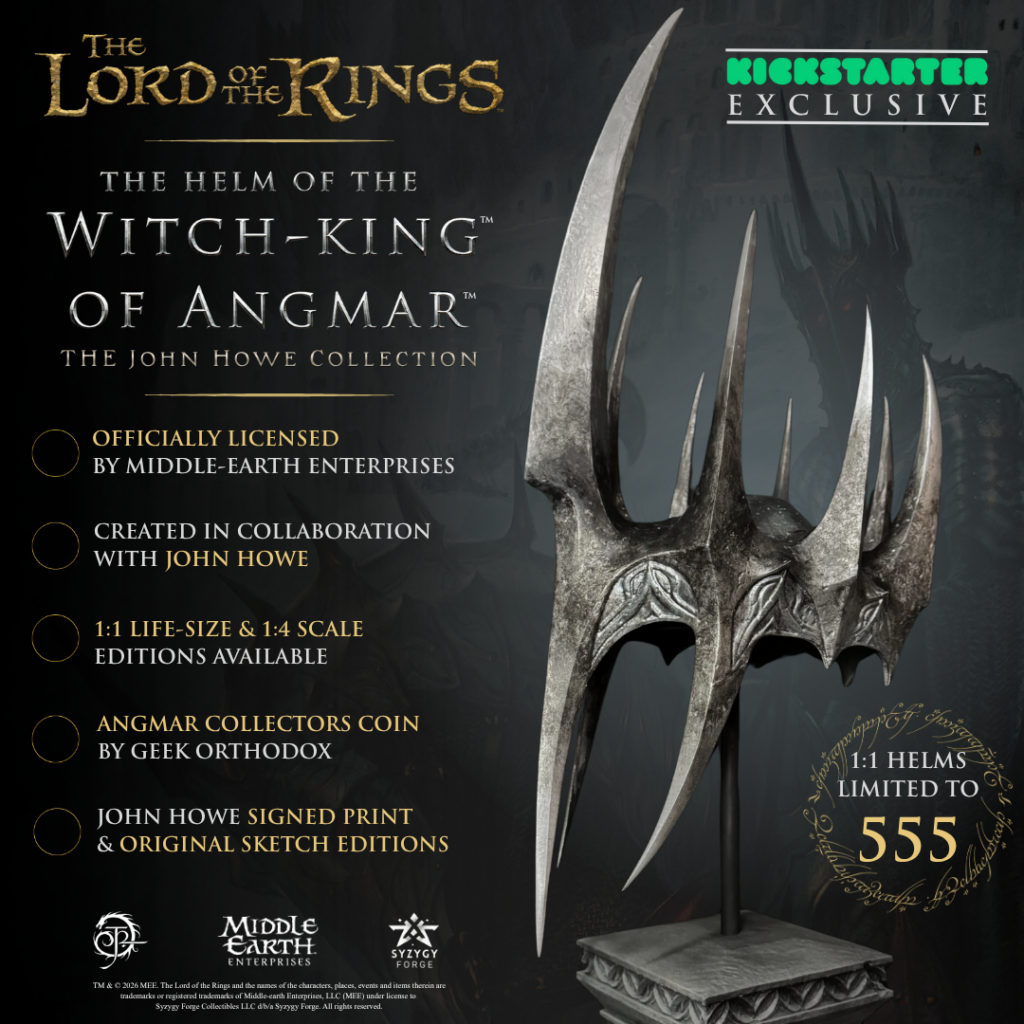Promotional poster for The Lord of the Rings: The Helm of the Witch-king of Angmar; Kickstarter Exclusive, showing a dark helm statue with a bullet-point list of perks on the left.