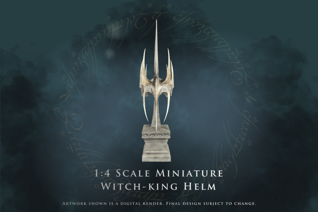 1:4 scale Witch-king helm miniature on a pedestal, set against a teal cloudy background with a circular ring of runes surrounding it.