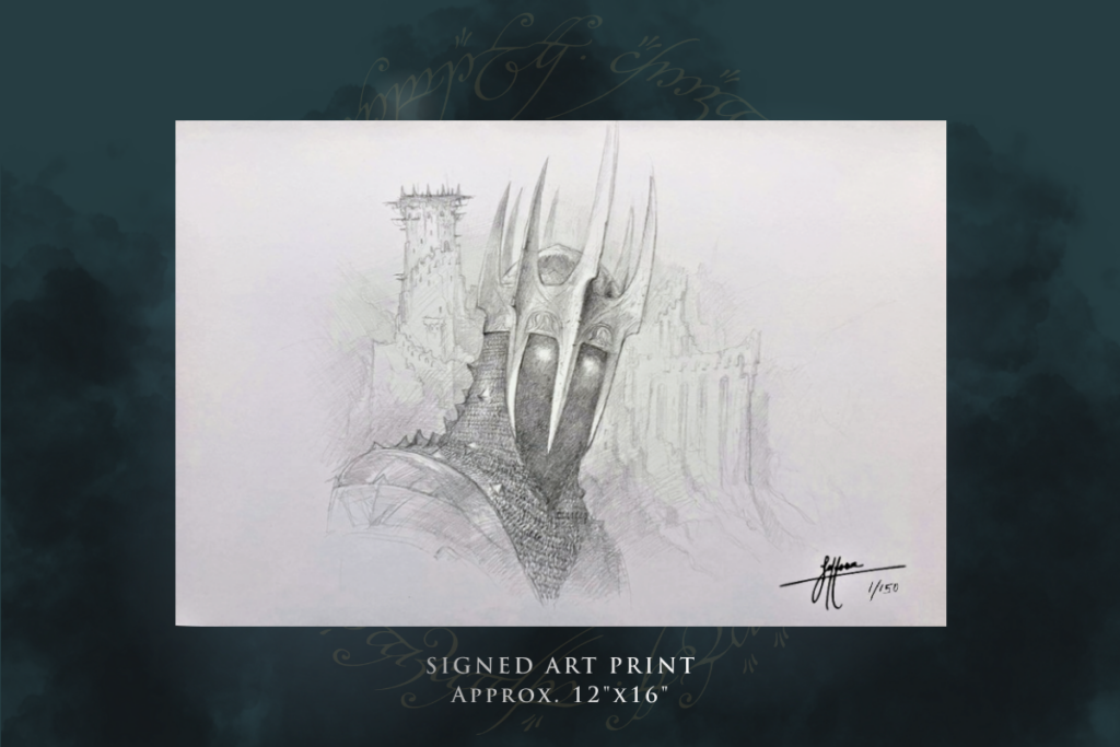 Pencil sketch of a clawed, armored hand reaching toward a gothic castle in the background; signed 1/150.