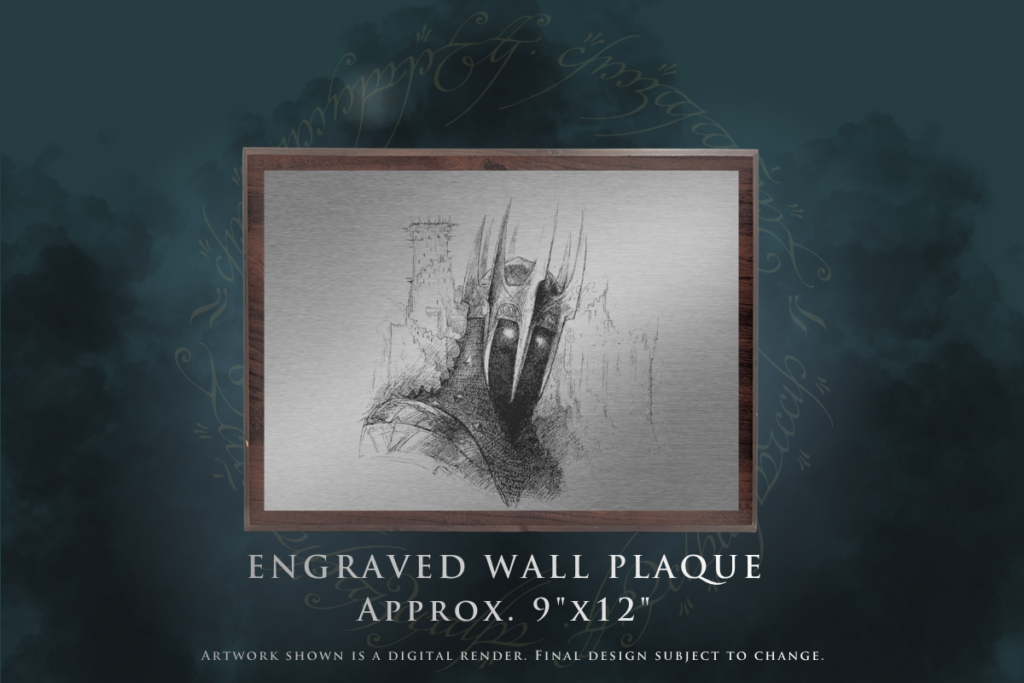 Framed brushed-metal engraving of a horned mask on a wooden frame, set against a dark decorative background.