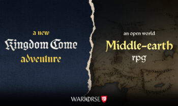 Split banner: left navy textured panel reads 'a new Kingdom Come adventure'; right map background says 'an open world Middle-earth rpg' with Warhorse logo.