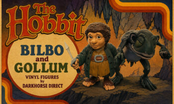 Retro poster showing Bilbo with a dagger and Gollum from The Hobbit, advertising Dark Horse Direct vinyl figures.