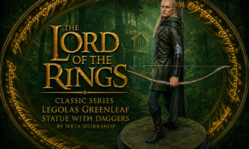 Statue of Legolas Greenleaf from The Lord of the Rings, standing on a circular base in a forest setting, wielding a bow with daggers visible at his back, surrounded by gold circular runic designs and title text.