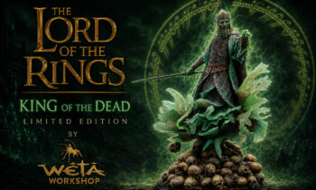 Promotional poster for The Lord of the Rings: King of the Dead Limited Edition by Weta Workshop, featuring the undead king atop skulls.