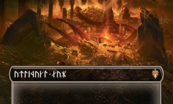 Fantasy treasure cavern; glowing fire, heaps of gold and chests, with runic banners at top and bottom.