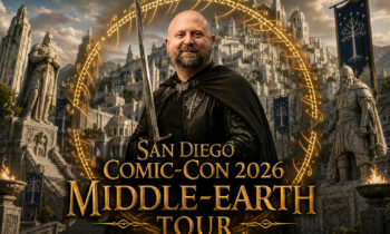 Man in a black cape holding a sword stands before a fantasy fortress with glowing runes; text reads 'San Diego Comic-Con 2026 Middle-Earth Tour'.
