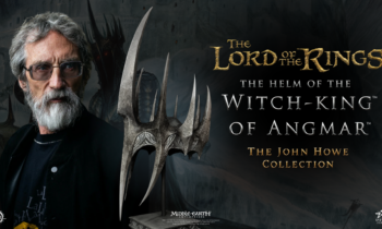 Promotional poster showing a grey-bearded man in glasses on the left, a spiky silver helm in the foreground, and the title 'The Lord of the Rings: The Helm of the Witch-King of Angmar' with 'The John Howe Collection' on a dark background.
